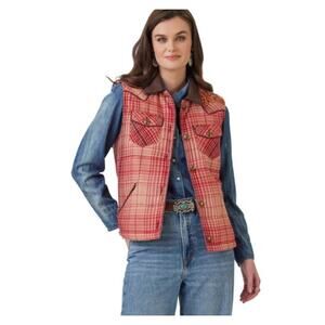Double D‎ Rach Comal Plaid Vest Pink Peachy Hues Embroidered Concho Buttons XS